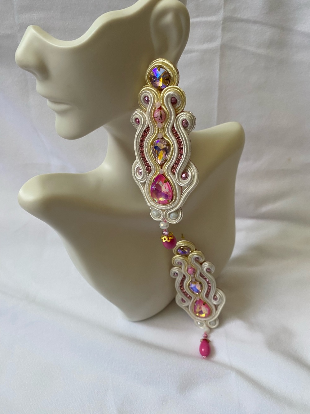 Handcrafted White and Pink Statement Drop Earrings - Designer Style